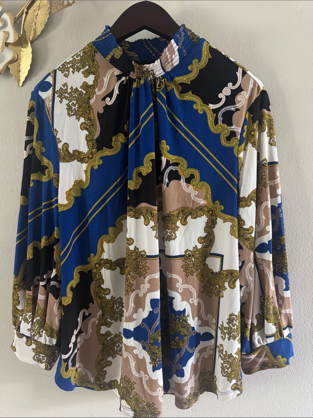 Mock-Neck Printed Blouse in Blue, Black & Cream